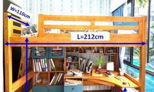 实木上铺床下层书桌书柜，长 212cm ， 宽110cm，上铺床离地156cm，下层书桌离地75cm
